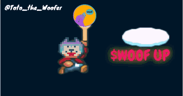 a pixel art of a person holding a balloon with the words swoof up below them