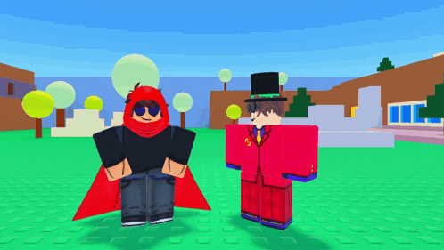 two roblox characters are standing next to each other in a field