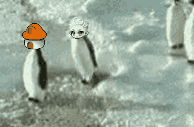 a pixel art drawing of penguins and a mushroom with the letter l on it