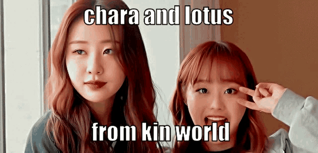 a couple of girls standing next to each other with the caption chara and lotus from kin world