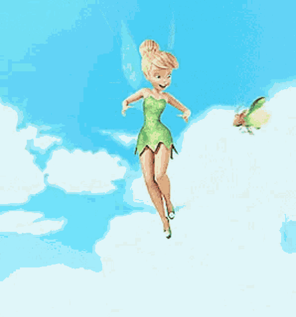 tinkerbell from tinkerbell is flying through the sky holding a bell .