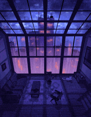 a drawing of a living room with a view of the city at night