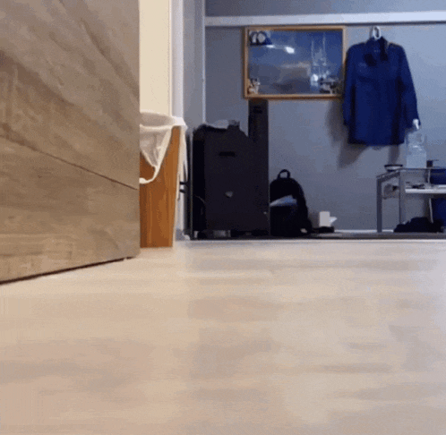 a blue jacket hangs on a hanger in a living room