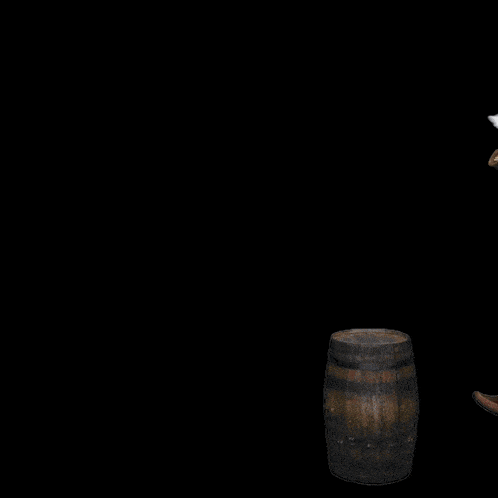 a man in a brown coat is standing on a barrel