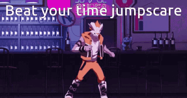 a cartoon character is dancing in front of a bar and the words beat your time jumpscare