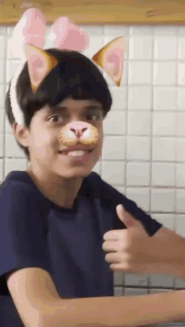 a young boy wearing a cat mask and bunny ears giving a thumbs up .