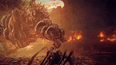 a video game scene with a monster with horns coming out of it 's mouth