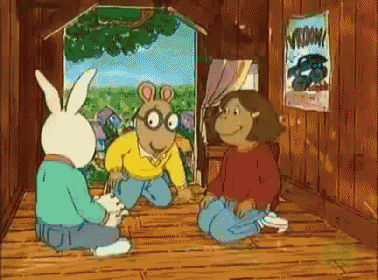 a cartoon of a rabbit a boy and a girl with a poster that says vroom on it