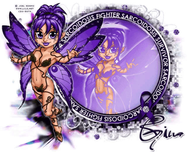 a picture of a fairy with the words sarcoidosis fighter sarcoidosis survivor sarcoidosis written around it