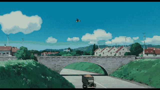 a painting of a bridge over a highway with a bird flying overhead