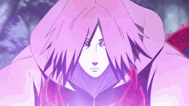 a drawing of a woman with purple hair and a hood