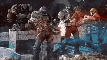 a group of soldiers are standing next to each other in a video game scene .
