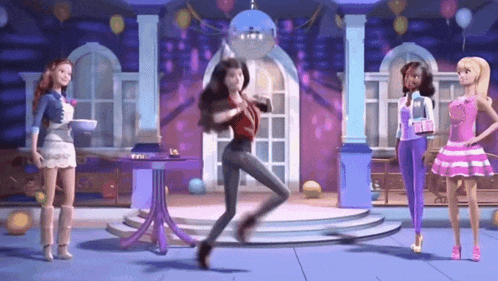a group of barbie dolls are dancing in a room with balloons and a disco ball .