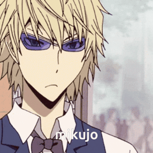 a close up of a anime character with the name mikujo written on the bottom