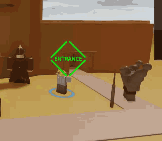 a cartoon character is standing in front of a sign that says entrance in a video game .