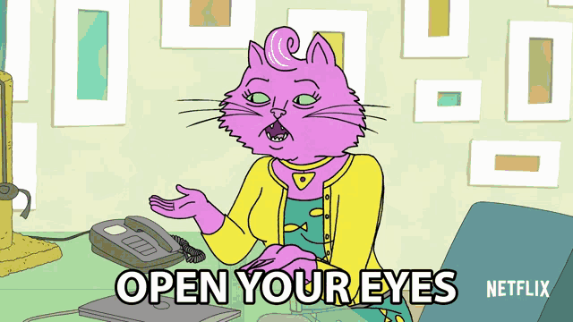a cartoon of a woman sitting at a desk with the words open your eyes below her