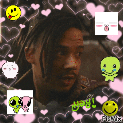 a man with dreadlocks is surrounded by hearts and smiley faces and says picmix