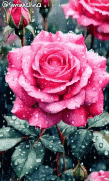 a close up of a pink rose with water drops on the petals