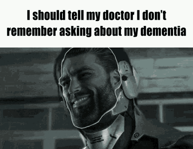 a man with a beard is smiling and says i should tell my doctor i do n't