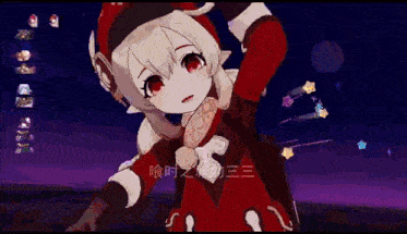 a little girl with red eyes and white hair is wearing a santa hat and a red jacket .