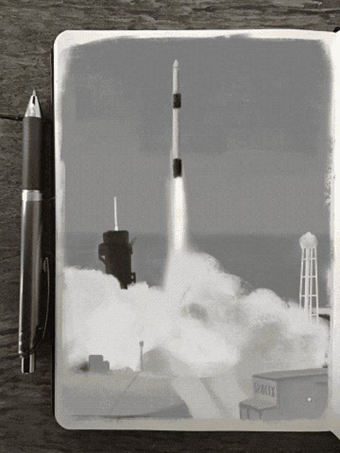 a black and white drawing of a rocket being launched from spacely