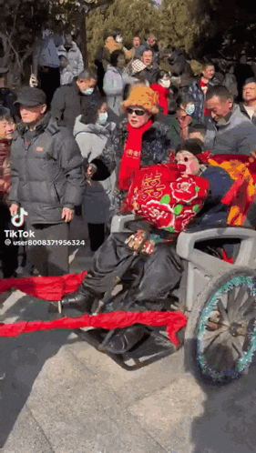 a man in a wheelchair is pulled by a horse drawn carriage with a tik tok watermark