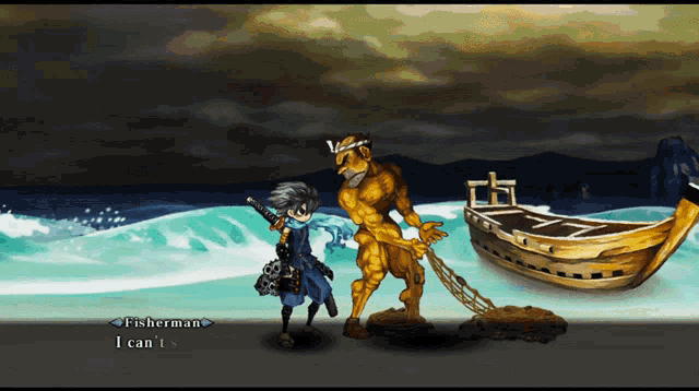 a video game character named fisherman says i can 't in front of a boat