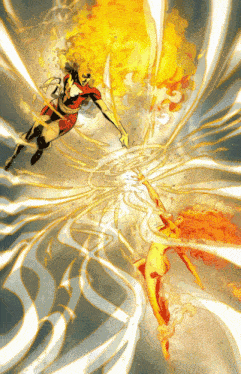 a comic book drawing of a woman being surrounded by flames