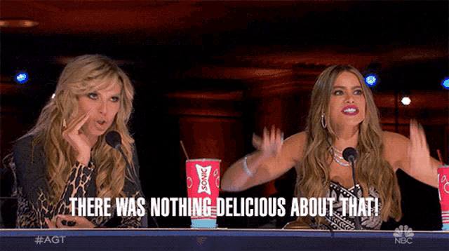 two women are sitting in front of microphones with the words there was nothing delicious about that