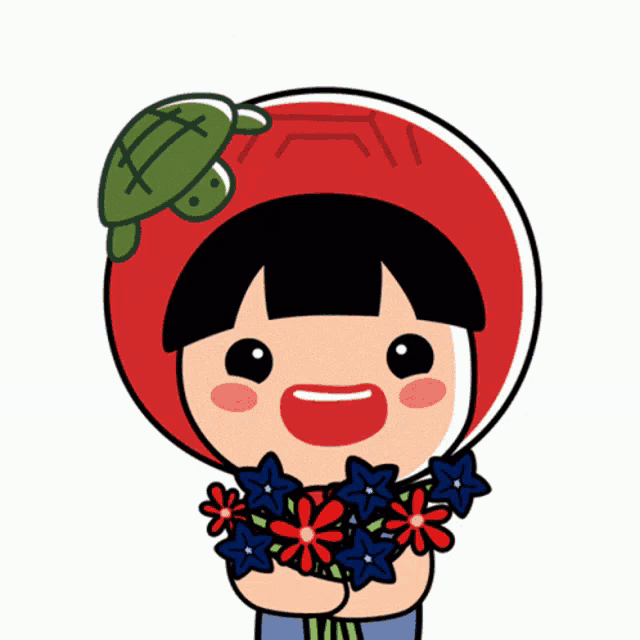 a cartoon girl with a red hat and a green turtle on her head is holding flowers