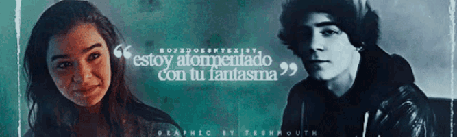 a girl and a boy are standing next to each other with the words " estoy atormentado con tu fantasma "