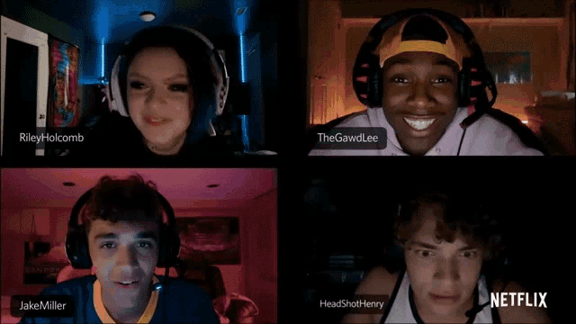 four people are on a video call with a netflix logo on the bottom left