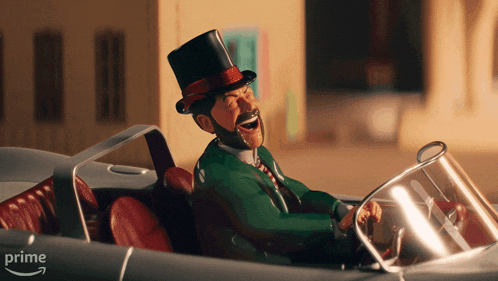 a man in a top hat is driving a car with a prime logo on the bottom