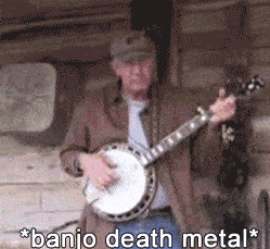 a man is playing a banjo with the words banjo death metal above him