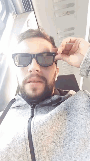a man with a beard is wearing sunglasses and a gray jacket