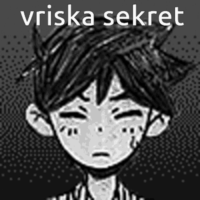 a black and white drawing of a boy with the words " vriska sekret " above him