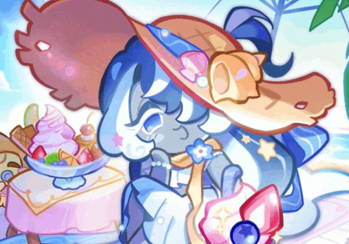 a cartoon drawing of a girl wearing a hat eating ice cream