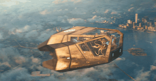 a futuristic vehicle is flying over a city with a city in the background