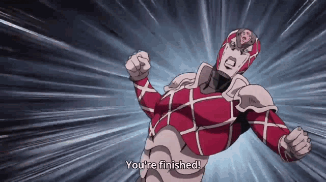 a cartoon character says " you 're finished " while holding his fist in the air