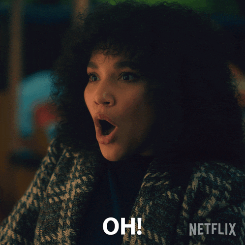 a woman with a surprised look on her face and the words oh netflix on the bottom