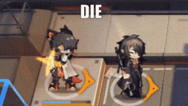 two cartoon characters are standing next to each other in a video game and the word die is on the bottom of the screen .