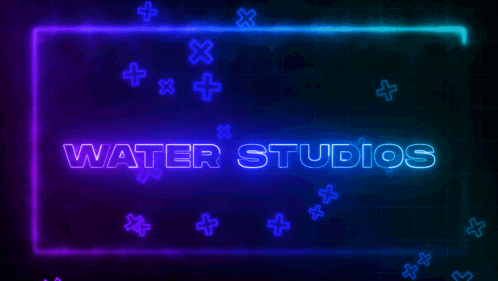 a neon sign that says water studios surrounded by glowing crosses