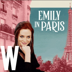 a poster for emily in paris shows a woman with her hand on her chin