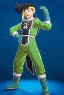a cartoon character in a green suit is standing on a blue surface .
