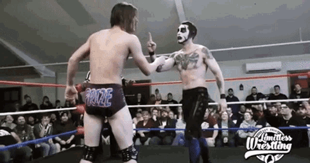 two men are wrestling in a wrestling ring and one of them is wearing a mask .