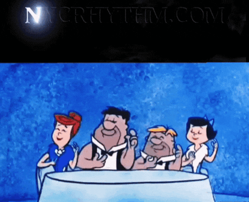 a cartoon of the flintstones sitting around a table with the website nycrhythm.com at the bottom