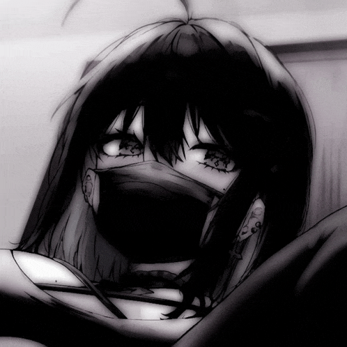 a black and white drawing of a girl wearing a face mask