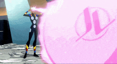 a person in a superhero costume is standing in front of a pink bubble .