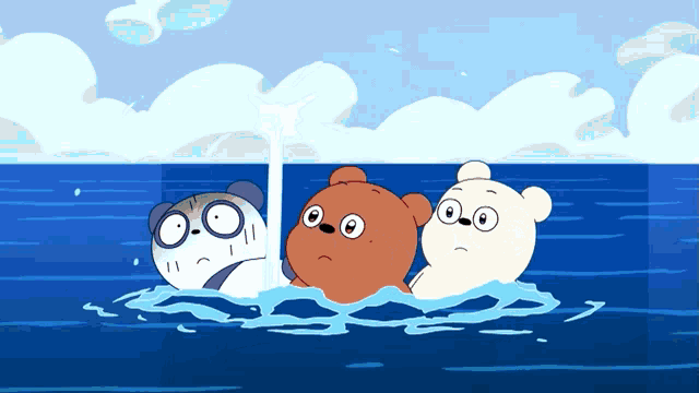 three bears are swimming in the ocean and one bear has a shark on his head
