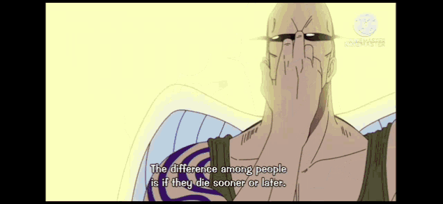 a bald man with a tattoo on his arm is talking about the difference between people and if they die sooner or later .